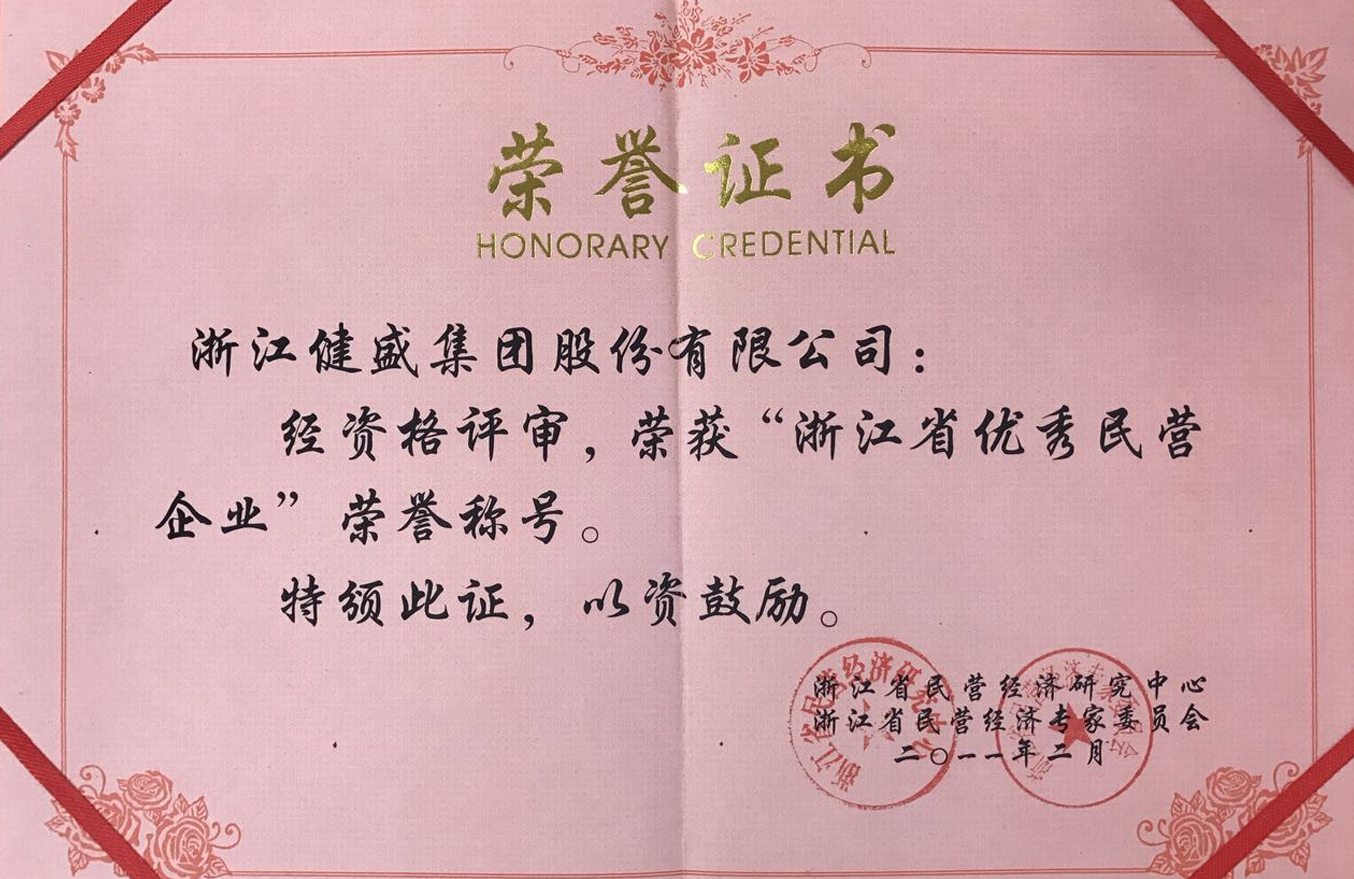 2011年“浙江省优秀民营企业”证书